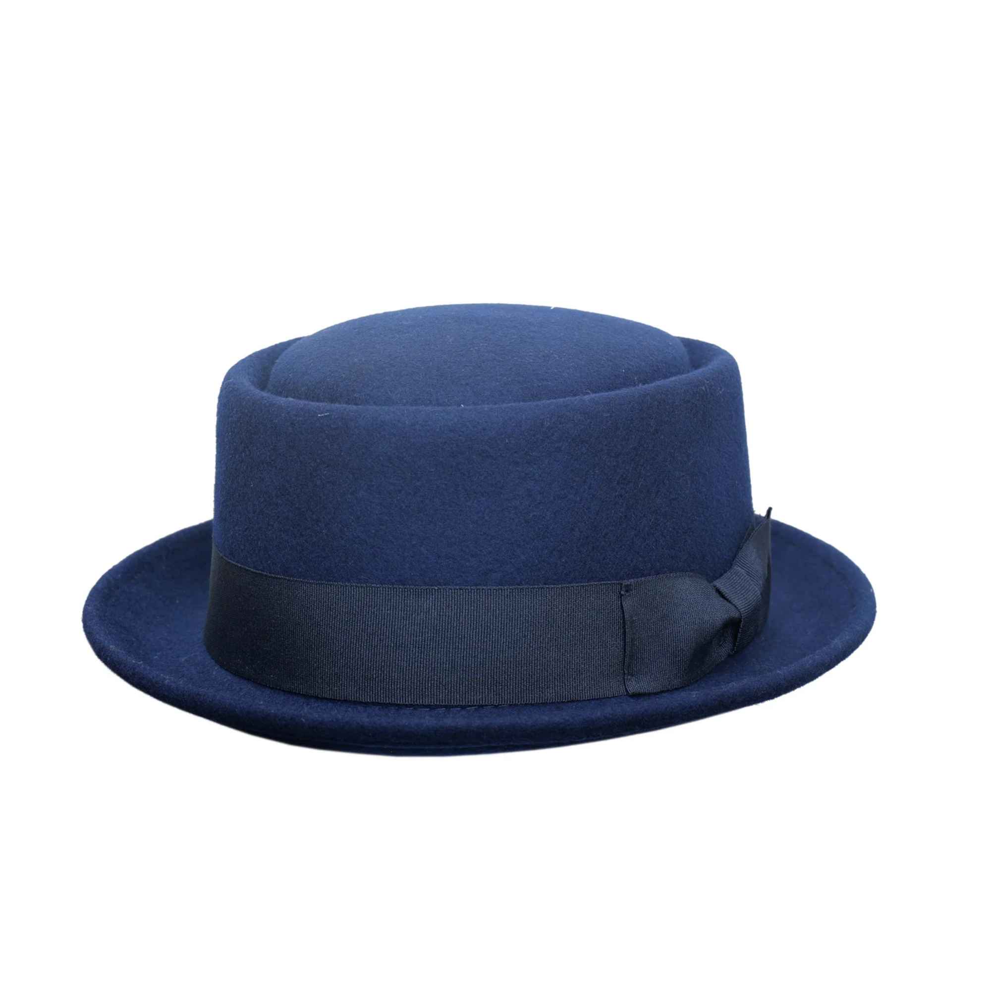 Navy Crushable Wool Felt Pork Pie Hat Flat Top Grosgrain Band